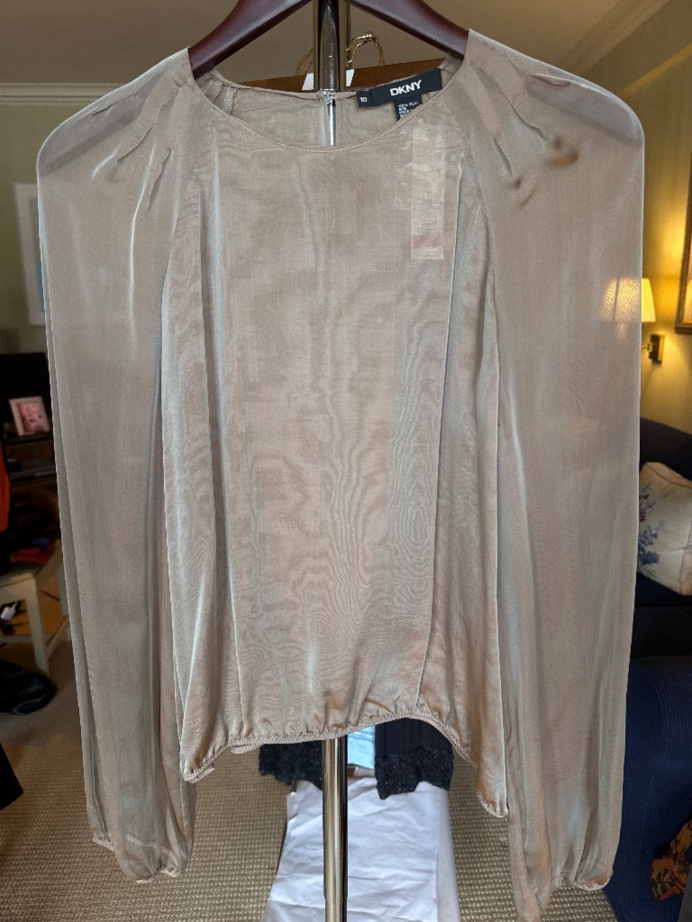 DKNY sheer silk blouse in a luminous champagne taupe tone